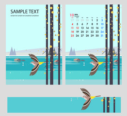 野鳥が飛ぶ秋の風景イラスト,カレンダー表紙デザイン,バナー