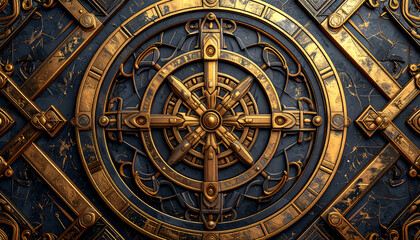 An ancient, ornate golden compass or symbolic wheel with intricate details on a dark, carved surface.