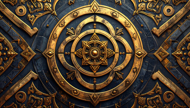 An ornate, symmetrical golden circular emblem with intricate geometric and floral patterns on a dark blue background.
