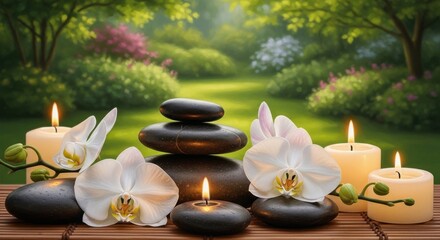 Serene Zen Garden Oasis Tranquil Candles Orchid Blossoms Smooth Stones Gentle Light