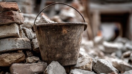 Rusty Bucket Among Broken Bricks and Debris in Construction Site