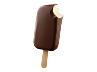 Bitten Ice Cream Bar with Chocolate Coating Vanilla Interior Wooden Stick Isolated