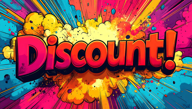 The word Discount! in bold comic book style lettering against a vibrant, colorful explosion background.