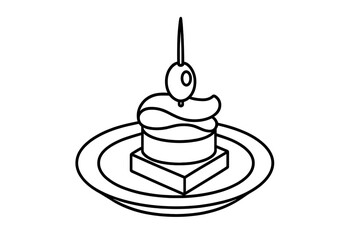 Canape line icon, tapa appetizer with olive on a toothpick. Gourmet finger food snack on a plate. Outline vector illustration for restaurant menu, catering, or party events.
