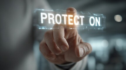 A close-up of a hand pressing a holographic button labeled 'PROTECT ON,' symbolizing cybersecurity and digital safety.