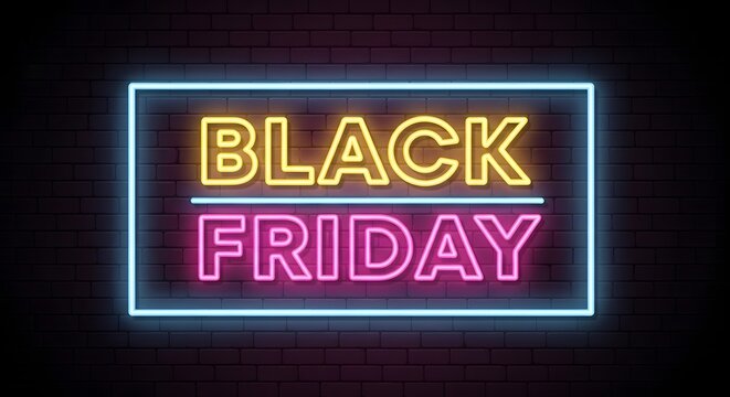 Black friday neon sign glowing brightly on a dark brick wall, symbolizing shopping and sales events - Powered by Adobe