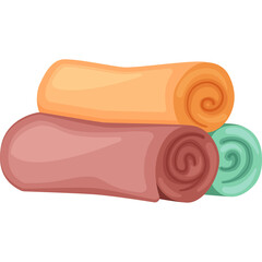 Stack of Rolled Towels in Warm Orange Dusty Rose and Soft Teal Colors Isolated on Transparent Background for Spa or Bathroom Use