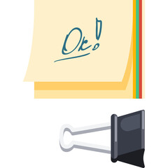 Simple yellow sticky note with the handwritten word OK in blue ink next to a black and silver binder clip on a transparent background