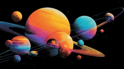 Colorful Space Art with Planets and Rings in Bold Design