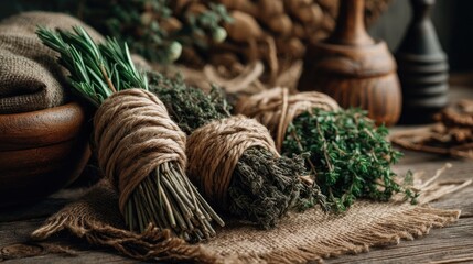 Fresh Culinary Herbs Bunched Together with Natural Twine on Wood Table