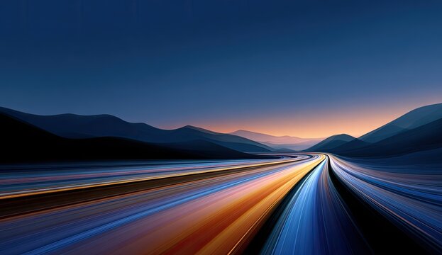 Highway streaks through twilight mountains.  Motion blur paints vibrant colors on asphalt, leading towards sunrise