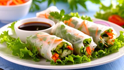 Tasty And Served Spring Rolls With Soy Sauce On White Plate