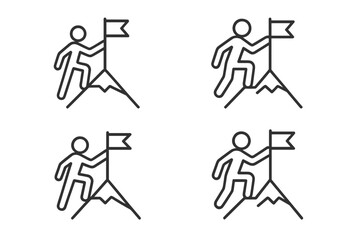 Man on mountain peak with flag. Concept of success, goal achievement, victory. Business metaphor for leadership, reaching the top. Climber on summit. Mission accomplished icon set.