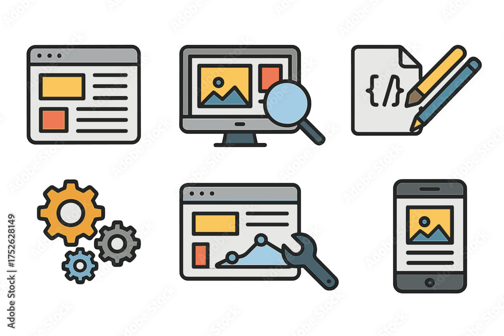 Wall mural flat conceptual icons set of web design and development. vector symbols for ui, ux, coding, seo, ana