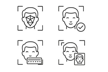 Facial recognition icon set for biometric security. Line icons for face scan, detection, verification, and authentication. Vector symbols for identity access control system.
