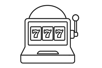 Slot machine outline icon with winning 777 symbols, casino jackpot lucky gambling machine vector illustration, isolated on white background, USA casino gaming symbol
