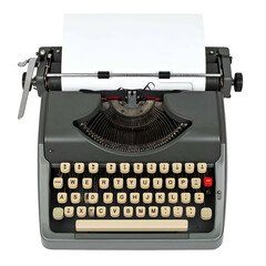 Old mechanical typewriter with blank paper sits ready for writing.
