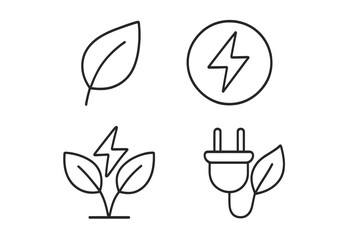 Green energy icons. Eco electricity, power saving symbol. Renewable alternative energies concept. Sustainable bio plant power. Leaf, plug, charge and bolt vector line icons.