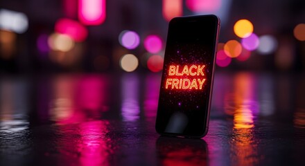 Black friday sale concept with glowing text on a smartphone screen, set against a bokeh background of city lights at night, symbolizing online shopping and promotions