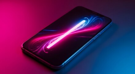 A futuristic smartphone displays a vibrant neon energy flow across its screen, set against a dramatic pink and blue gradient background, symbolizing technology and innovation