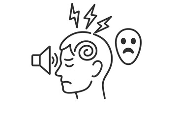 Sensory overload, schizophrenia icon. Mental overwhelm, auditory hallucination, psychological distress. Vector line illustration of psychosis, anxiety, stress. Head with confusion.