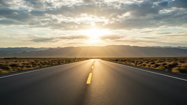 A long road stretches into the distance under a bright, sunny sky