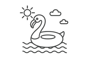 Flamingo pool float line icon for summer vacation. Inflatable bird on water for fun, relaxation and leisure. Sunny holiday vector illustration with editable stroke.