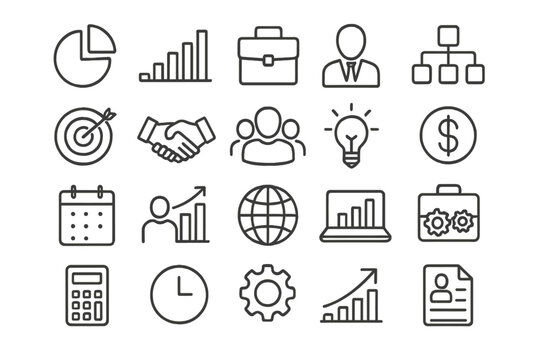 Thin line corporate business icons set with transparent background, vector illustration of modern office and finance symbols, organized minimalistic design for presentations