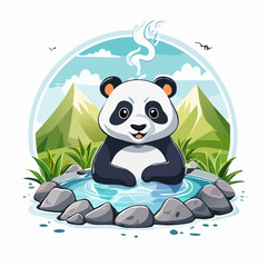 Fototapeta premium Adorable Panda Enjoying a Relaxing Soak in a Hot Spring, Surrounded by Nature