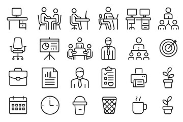 Workspace thin line icons set, corporate workplace and coworking space vector illustrations, business workflow symbols, office management outline pack, productivity and teamwork design