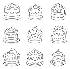 Cake Coloring Book Page for Kids , Fun Dessert Vector Illustration for Books and Magazines