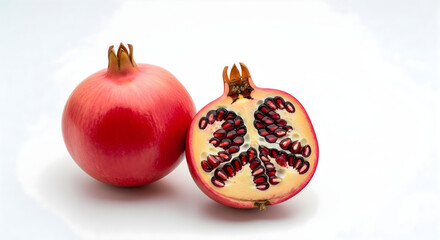 Ripe Pomegranate Whole and Open with Seeds Isolated on White Background