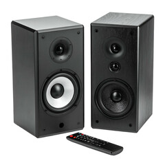 Fototapeta premium Two black bookshelf speakers and remote control sit against a dark background.