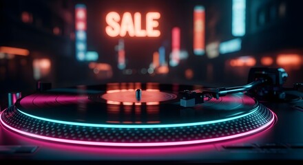 A neonlit turntable with a glowing sale sign in the background, evoking a vibrant, retro, and commercial atmosphere