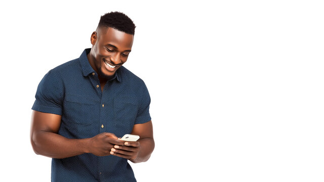 Man smiling and holding phone in hand,looking into it,copy space,white banner, background.