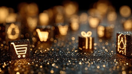 Glowing Icons of Shopping and Gifts on Sparkling Background