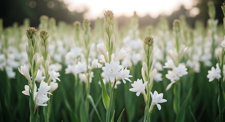 Field of white tuberose flowers in bloom during a sunny day in nature generative ai