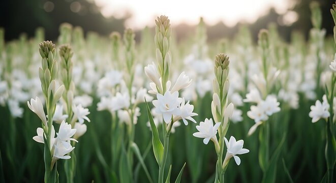 Field of white tuberose flowers in bloom during a sunny day in nature generative ai