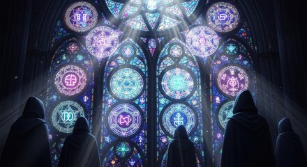 A group of hooded figures stand in a dimly lit ancient cathedral observing a massive stained glass window illuminated by divine light showcasing intricate mystical symbols and patterns