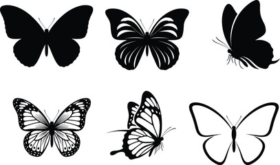 Black and white butterfly silhouette vector set, elegant insect design collection, isolated wing patterns for nature, tattoo, art, and decoration themes