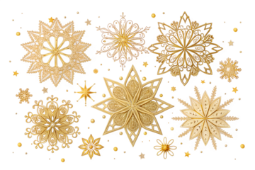 Collection of intricate golden snowflakes and stars shimmering with glitter isolated on transparent background