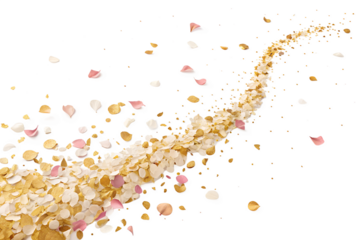 A swirling stream of delicate light pink and yellow flower petals in motion isolated on transparent background