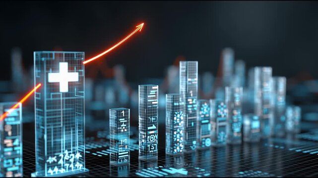 Health care evolution visualized: A dynamic image of a growing health care sector, visualized through data-driven graphs. The image conveys trends, advancements.
