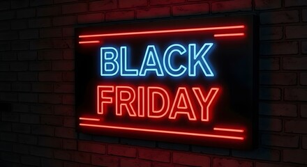 Obraz premium Black friday neon sign glowing in the dark, advertising big sales and discounts for the holiday shopping season, creating a festive and exciting atmosphere