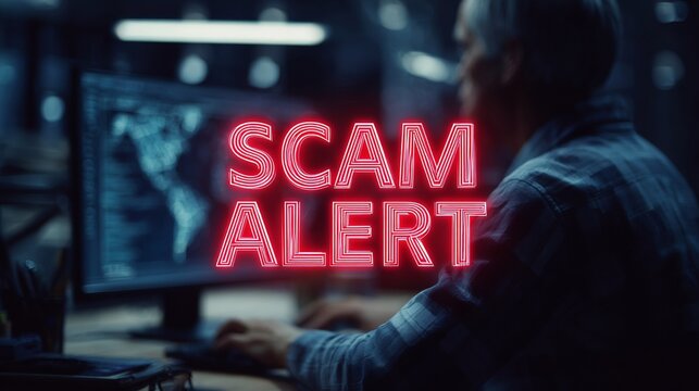 A senior man focused on cybersecurity, with a neon 'SCAM ALERT' sign overlay, conveying urgency and vigilance in tech safety. - Powered by Adobe