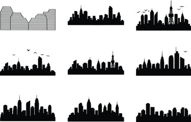 Fototapeta premium City skyline silhouettes vector set, urban landscape illustration, modern architecture design, black skyline icons, metropolitan buildings, graphic cityscape collection