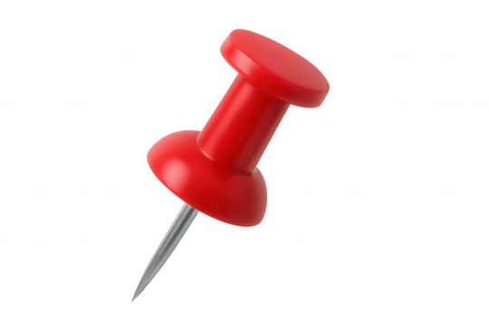 Red pushpin icon pointing direction, marking location, office supply, 3d render with transparent background