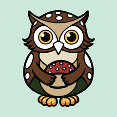 Cute cartoon owl holding mushroom vector illustration
