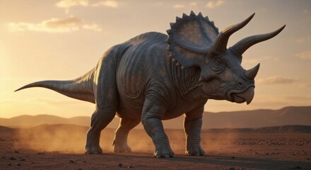 Fototapeta premium Triceratops dinosaur stands tall in arid landscape at sunset
