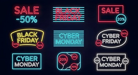 Collection of neon signs advertising black friday and cyber monday sales with discounts like 50 off and 20 off, creating a vibrant and festive shopping atmosphere